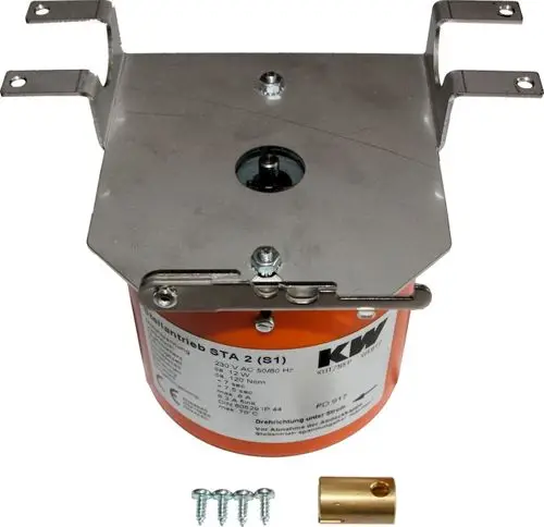 Stellantrieb mit metallener Halterung, orangefarbener Körper, Schrauben und einer Kupplungsteile. Von der Marke Wolf, geeignet für Steuerungstechnik.
